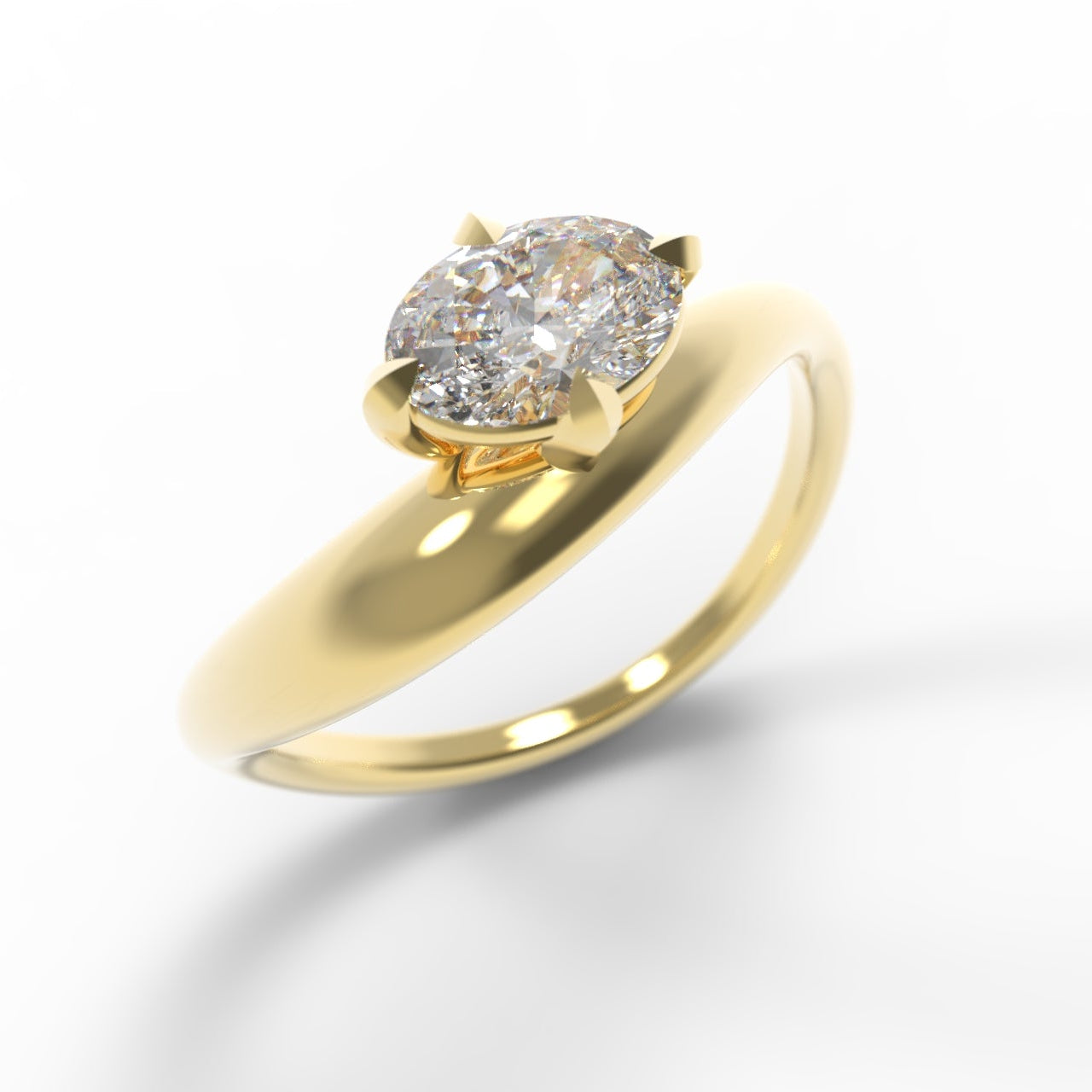A Large Oval Diamond Ring, with a Wide Yellow Gold Band, with Sculptural Wave details and an East-West setting.