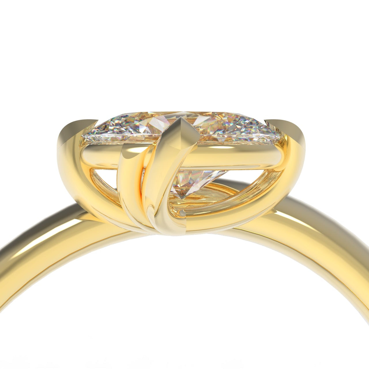 Side view detail of a Large Oval Diamond Ring, with a Wide Yellow Gold Band, with Sculptural Wave details and an East-West setting.