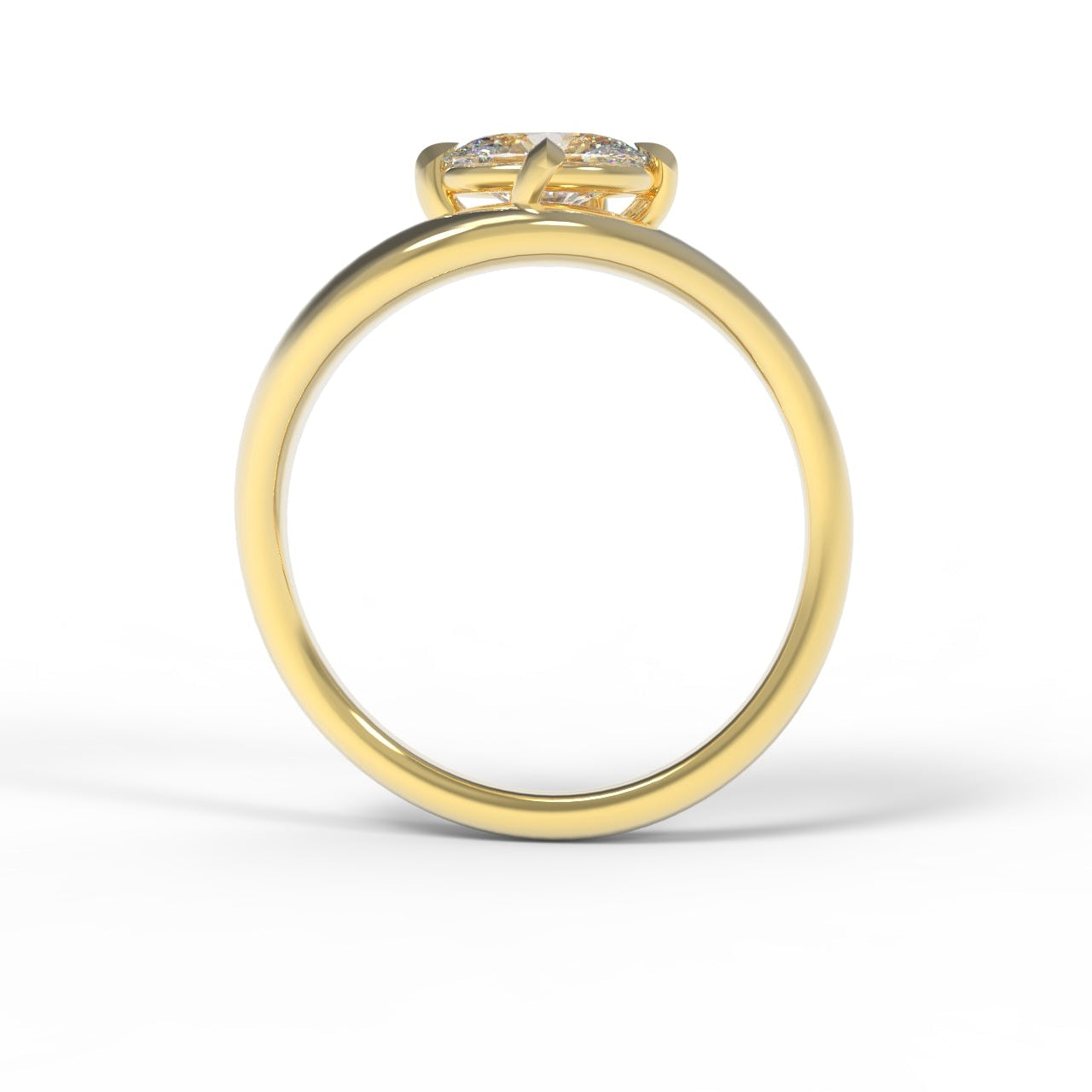 Side view of a  Large Oval Diamond Ring, with a Wide Yellow Gold Band, with Sculptural Wave details and an East-West setting.