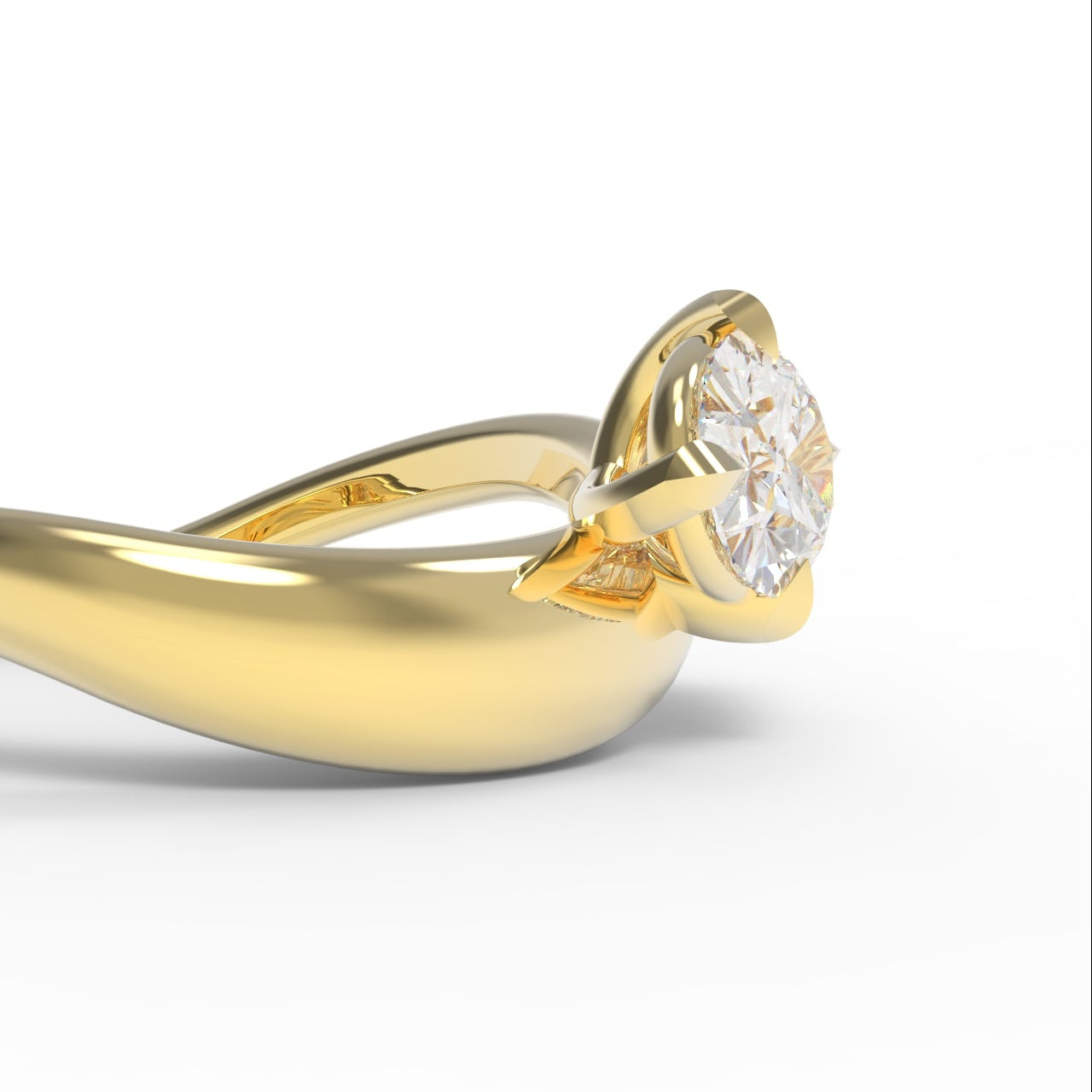 Unique setting details of a Large Oval Diamond Ring, with a Wide Yellow Gold Band, with Sculptural Wave details and an East-West setting.