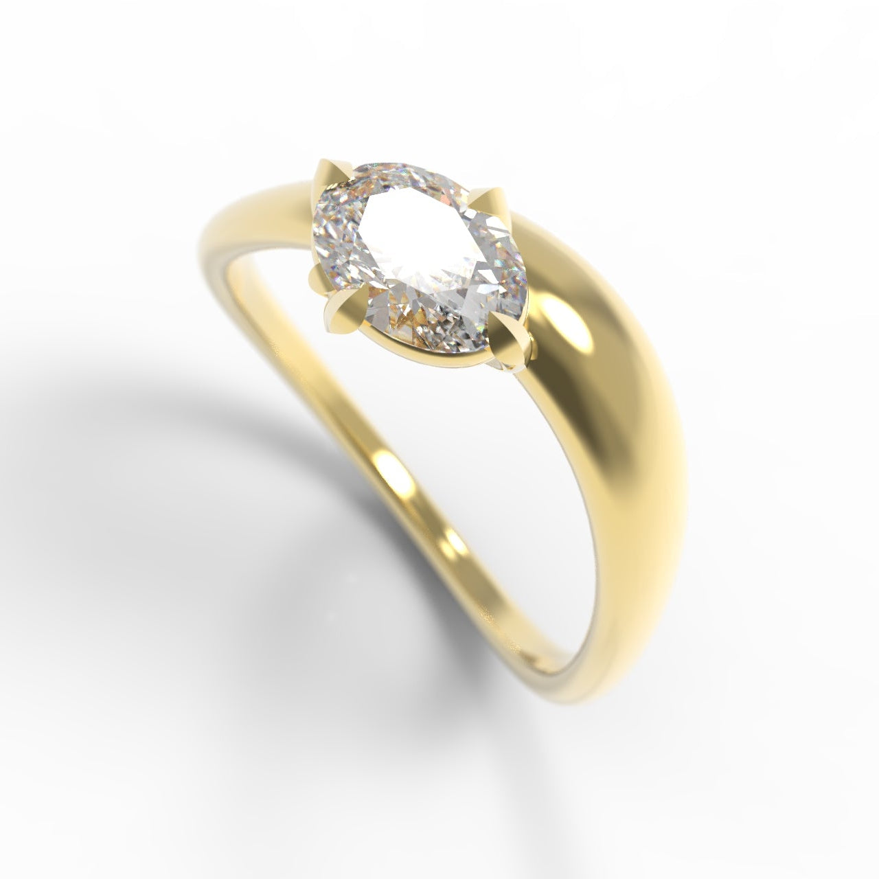 A Large Oval Diamond Ring, with a Wide Yellow Gold Band, with Sculptural Wave details and an East-West setting.