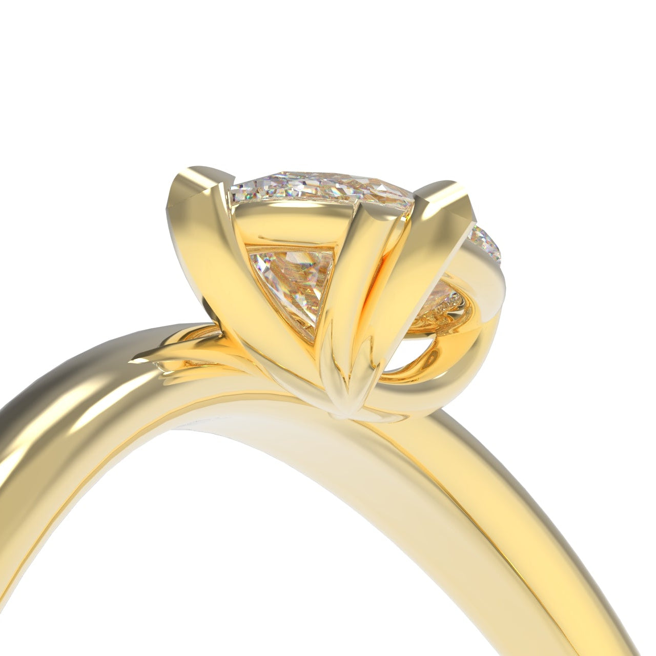 Side view details of a Large Oval Diamond Ring, with a Wide Yellow Gold Band, with Sculptural Wave details and an East-West setting.
