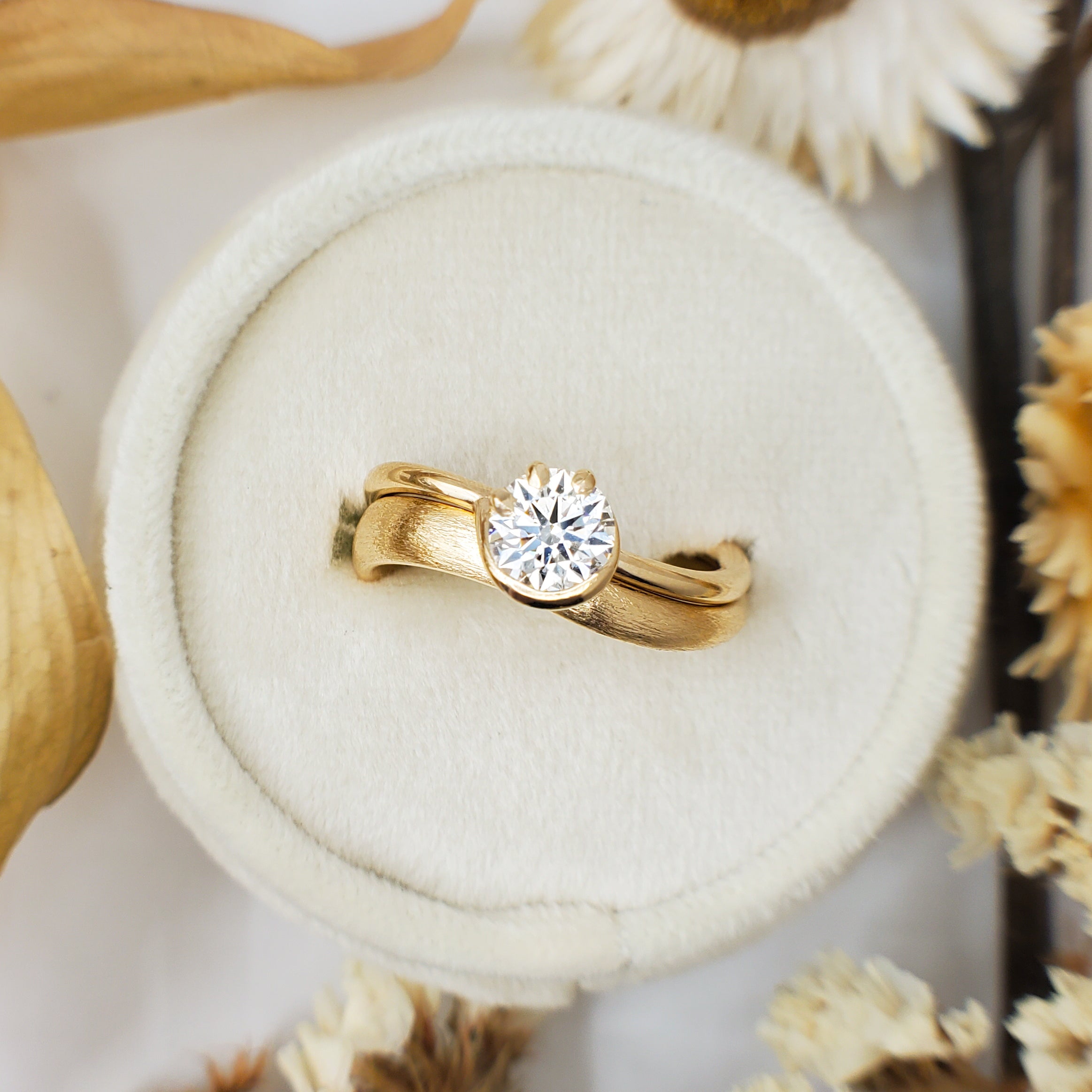 1ct Diamond Ring with Half Bezel and Claw Setting in 18K Yellow Gold with Texture