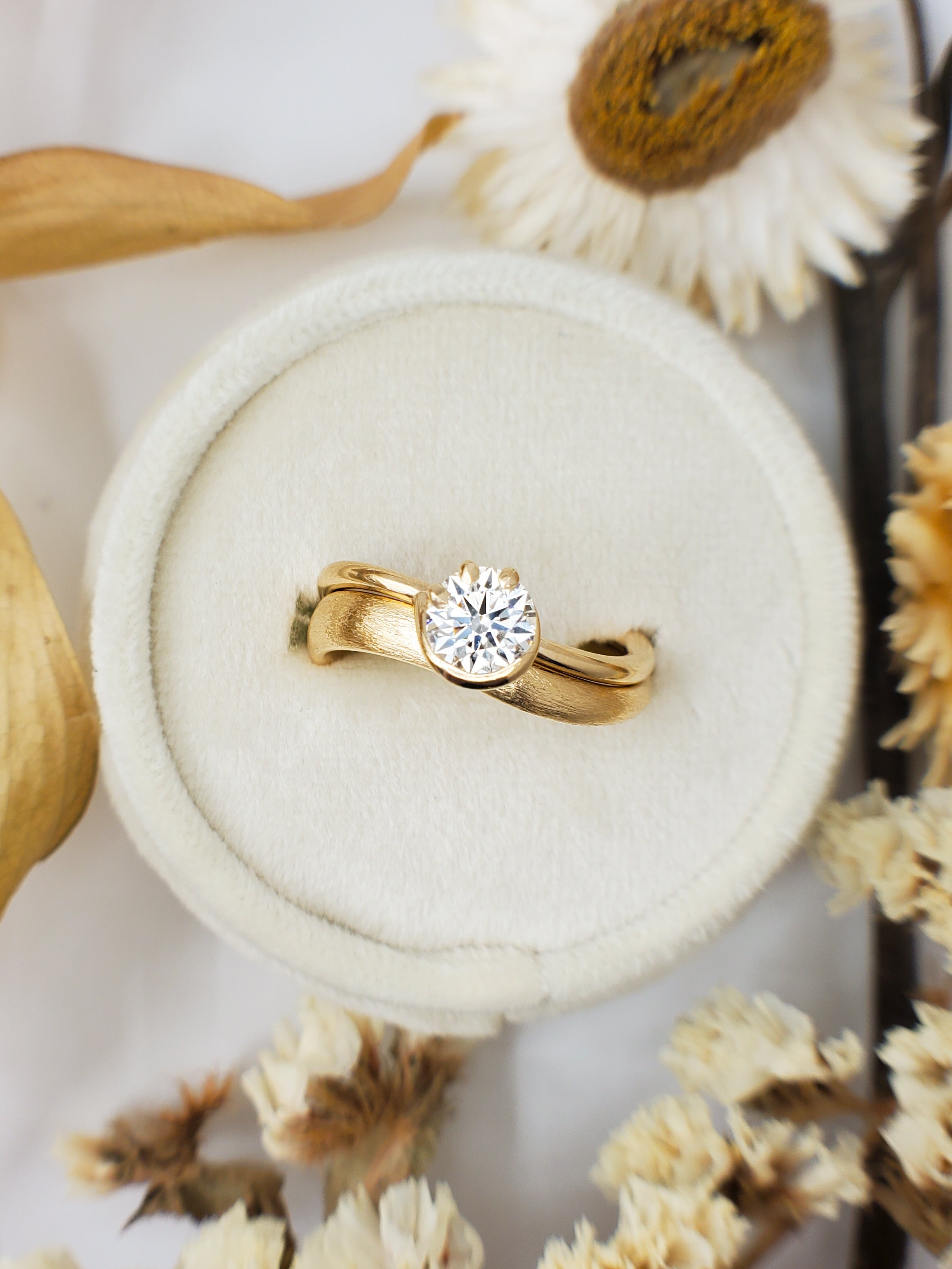 1ct Diamond Ring with Half Bezel and Claw Setting in 18K Yellow Gold with Texture