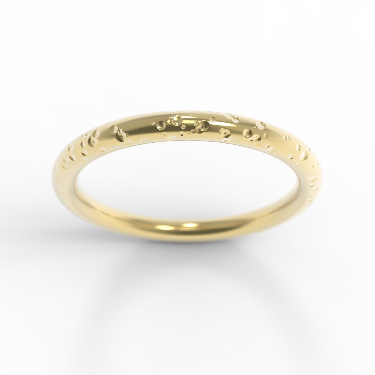 Made in Canada, Rain textured, 14K Yellow Gold wedding ring on white background.
