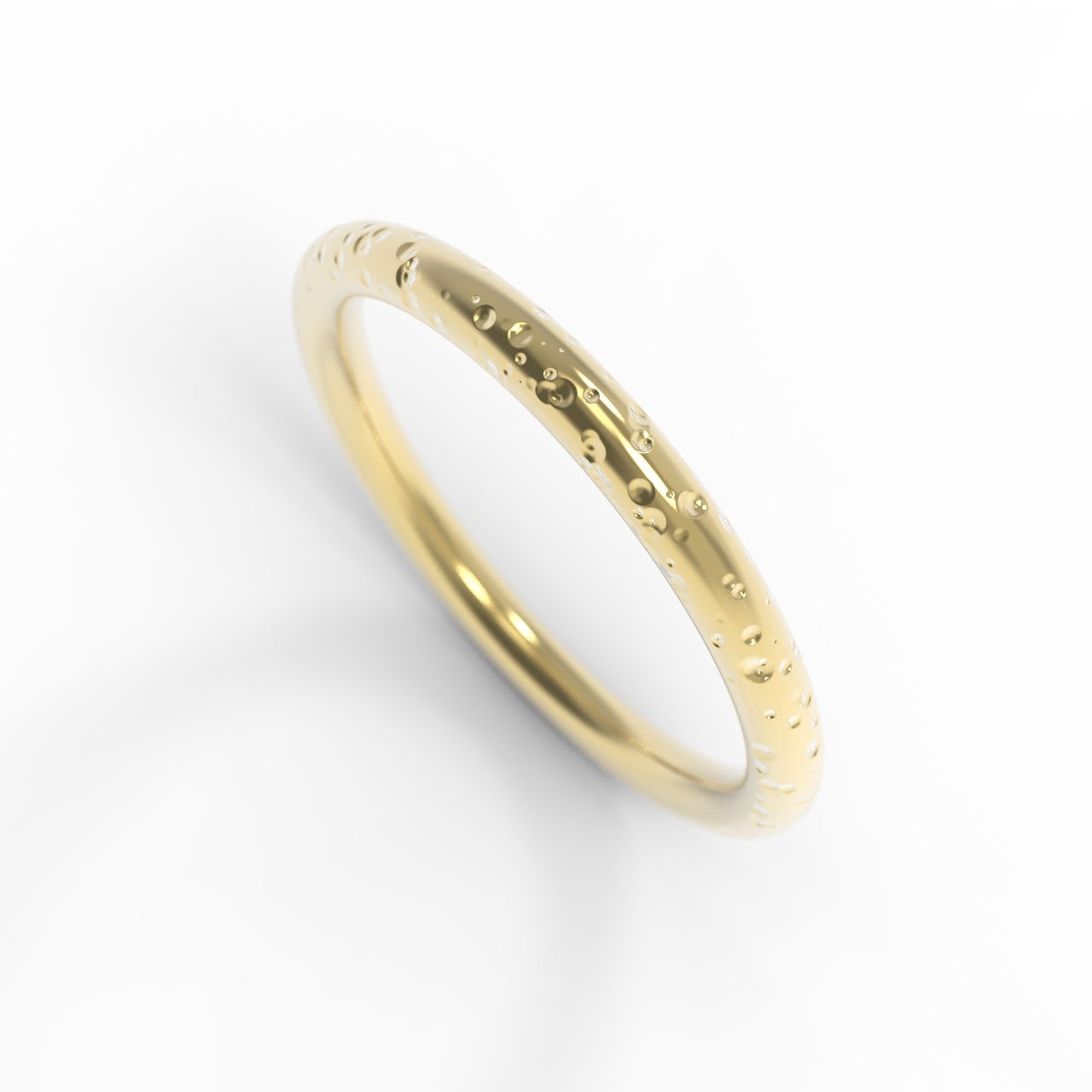 Made in Canada, Rain textured, 14K Yellow Gold wedding ring on white background.