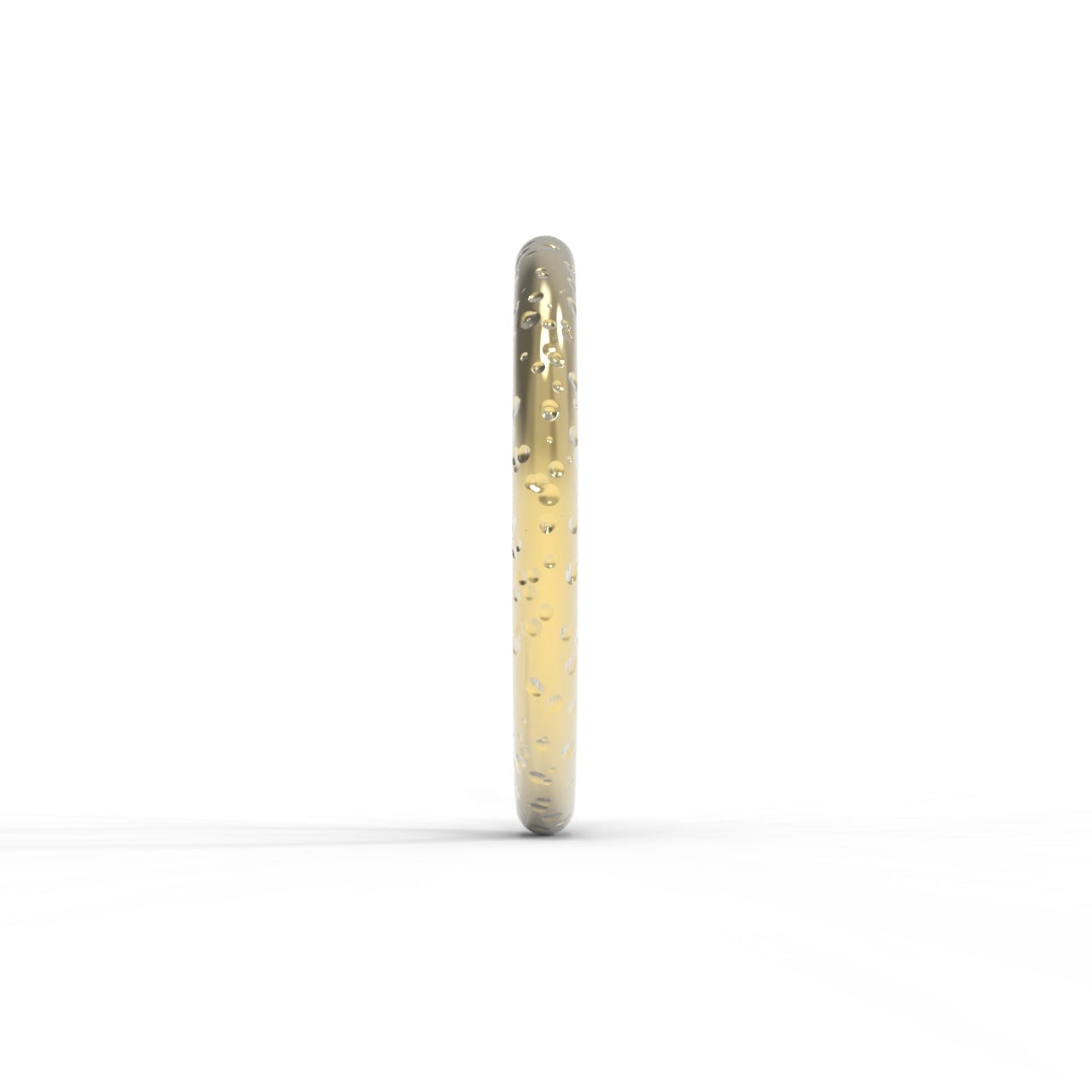 Made in Canada, Rain textured, 14K Yellow Gold wedding ring on white background.