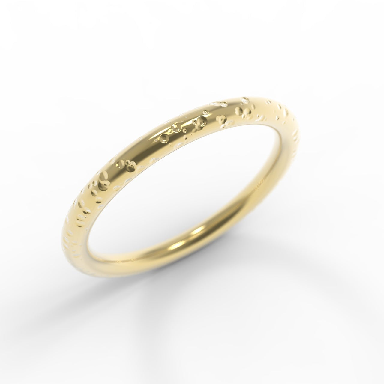 Made in Canada, Rain textured, 14K Yellow Gold wedding ring on white background.