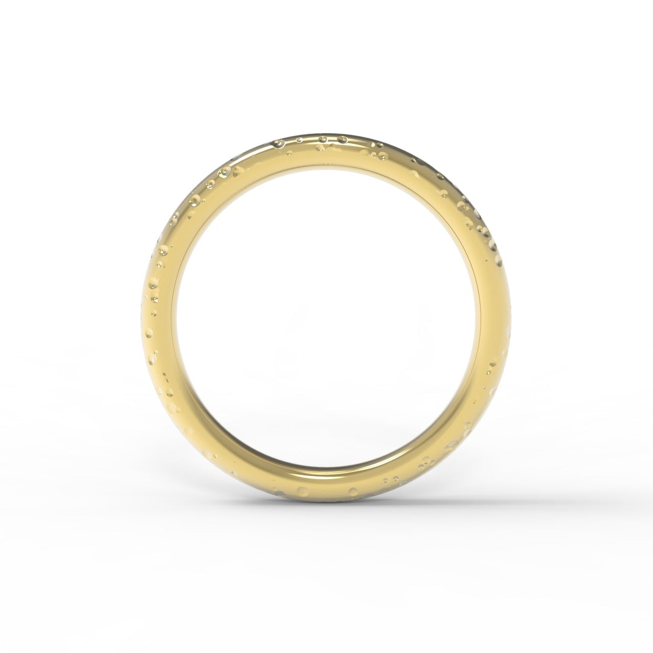Made in Canada, Rain textured, 14K Yellow Gold wedding ring on white background.