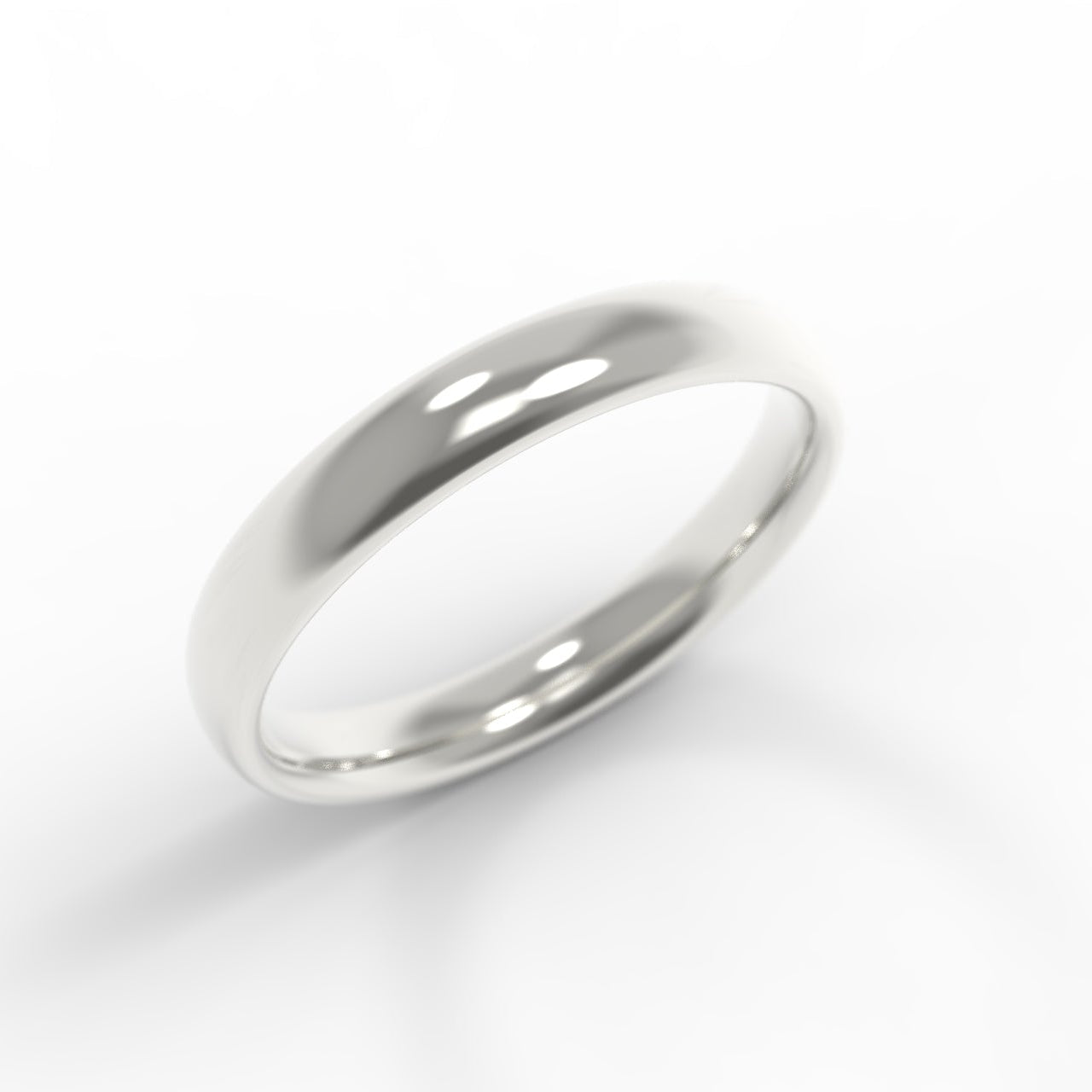 Ethically made in Canada, 14K White Gold wedding band on white background.
