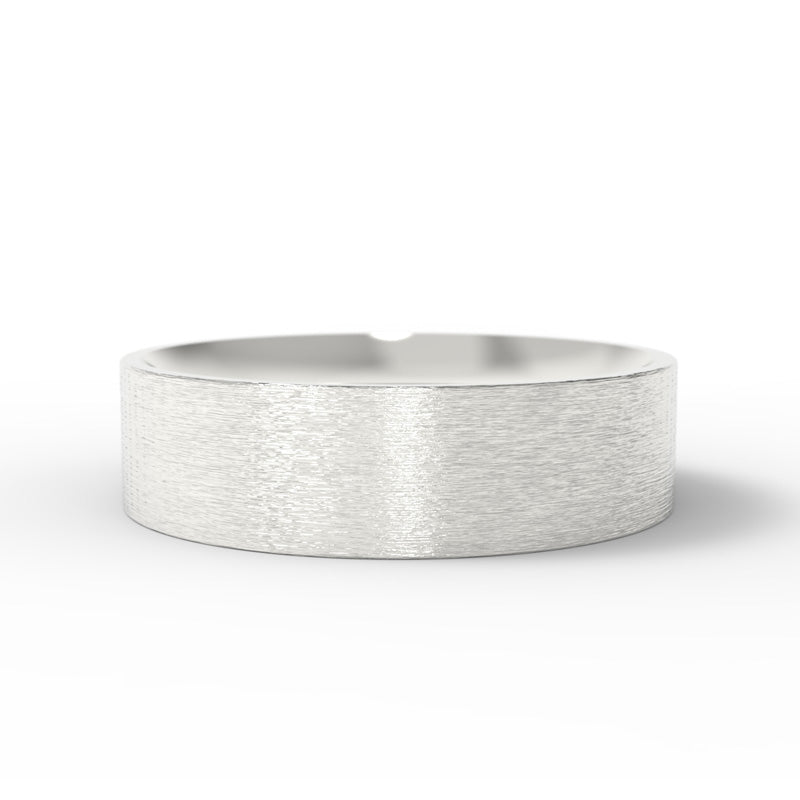 Made in Canada, Nature inspired textured 14K white gold, 6mm wide, Flat, Wedding band on white background.