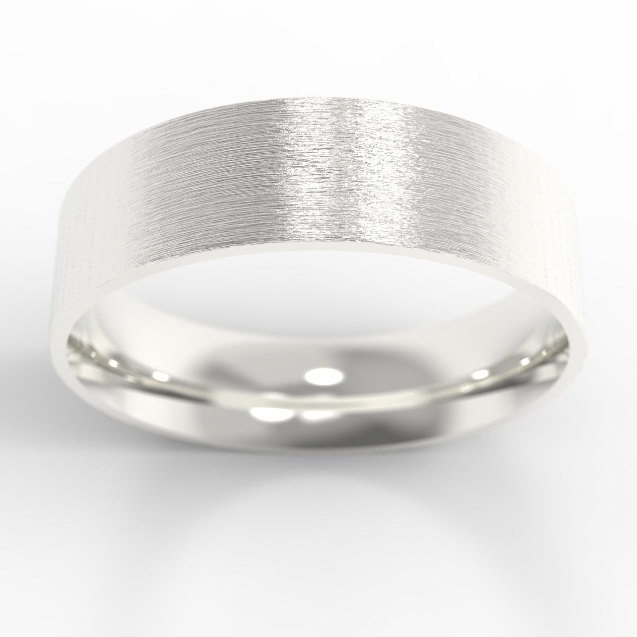Made in Canada, Nature inspired textured 14K white gold, 6mm wide, Flat, Wedding band on white background.