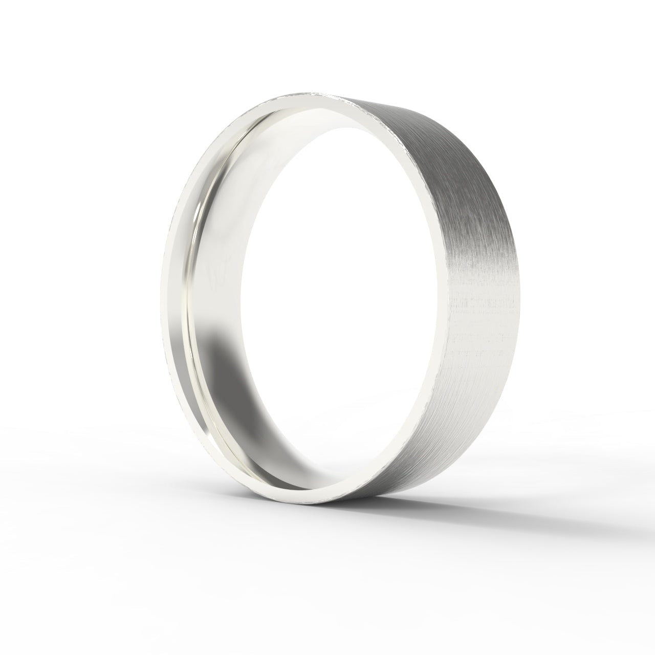 Made in Canada, Nature inspired textured 14K white gold, 6mm wide, Flat, Wedding band on white background.