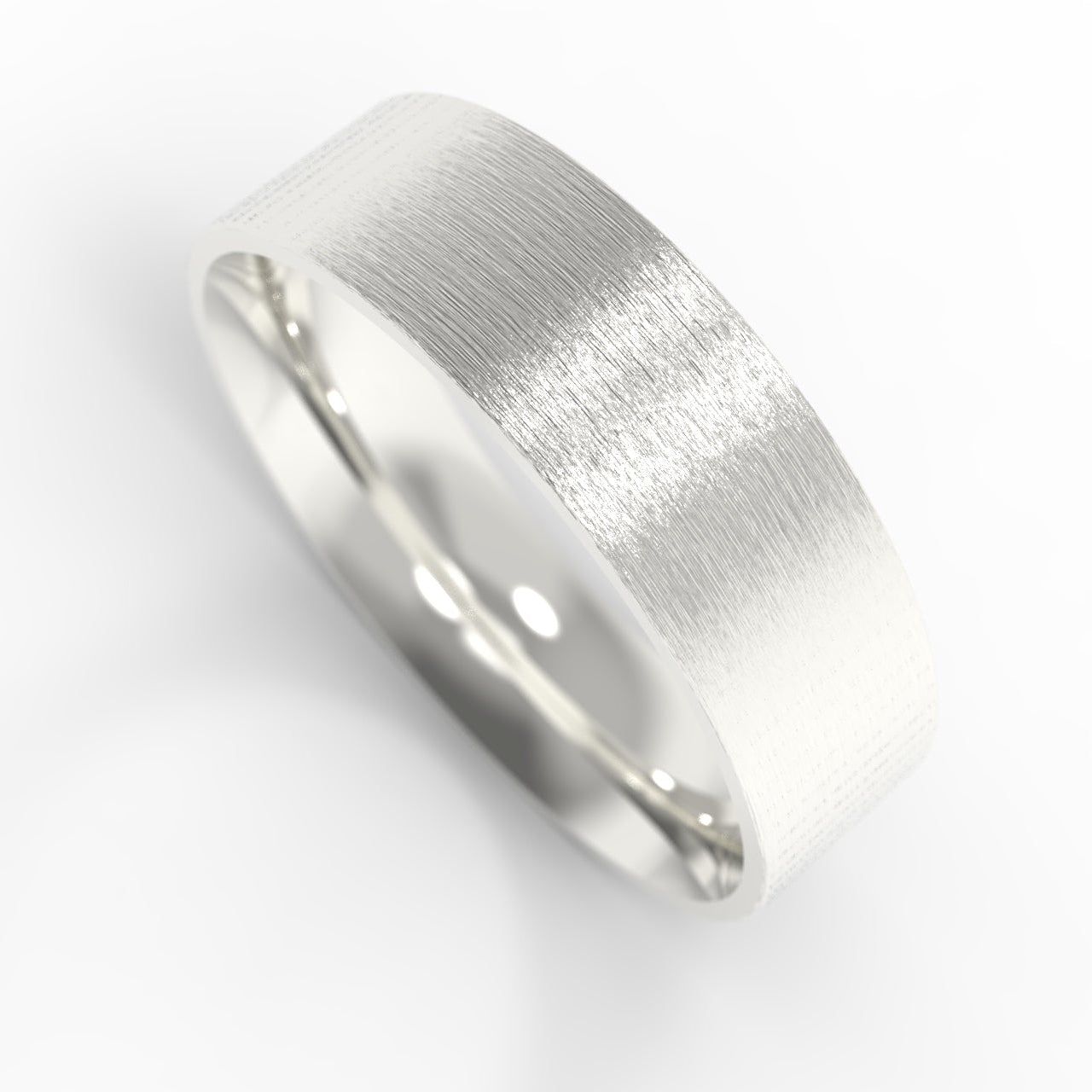 Made in Canada, Nature inspired textured 14K white gold, 6mm wide, Flat, Wedding band on white background.