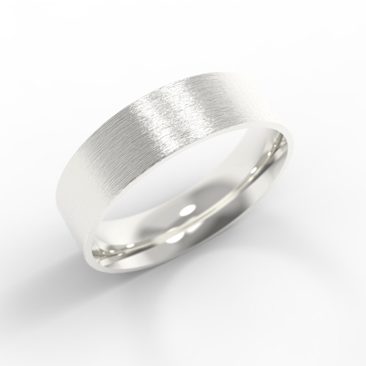 Made in Canada, Nature inspired textured 14K white gold, 6mm wide, Flat, Wedding band on white background.