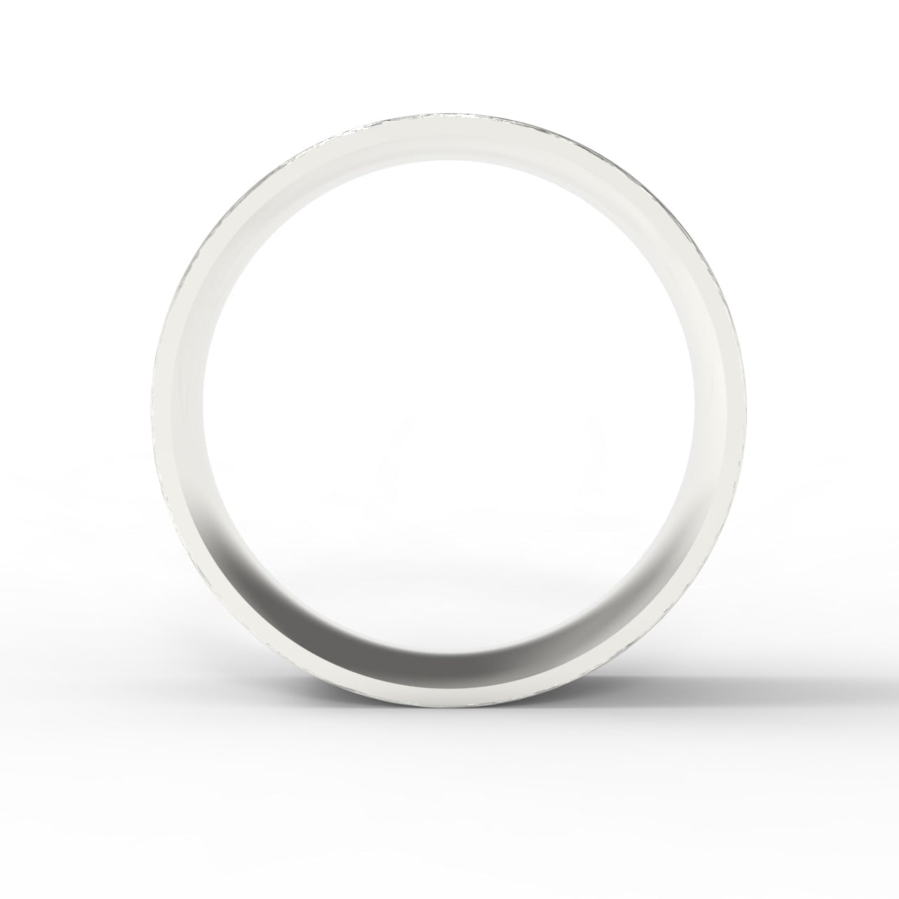 Made in Canada, Nature inspired textured 14K white gold, 6mm wide, Flat, Wedding band on white background.