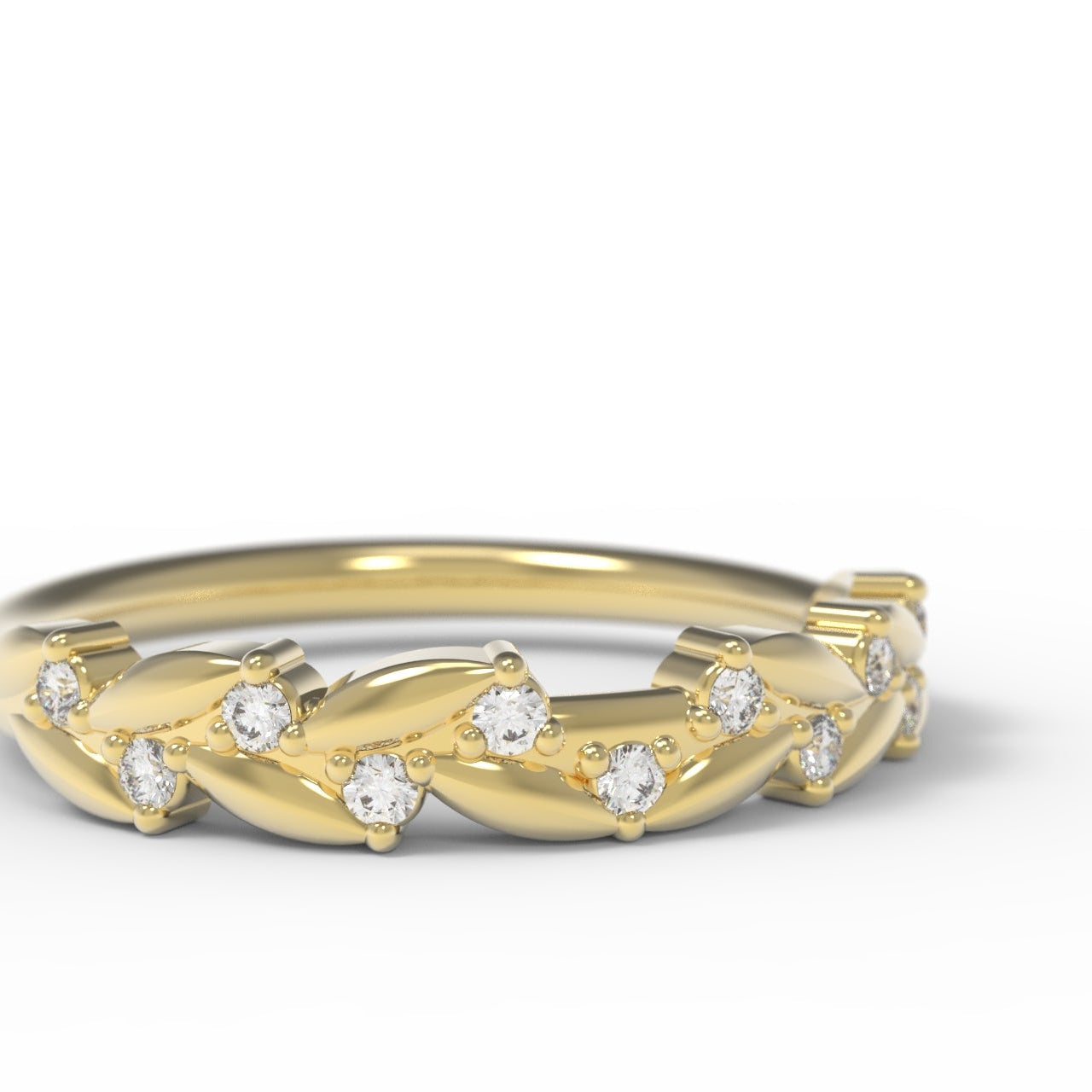 Diamond Half Eternity Band with Leaf Details in 14K Yellow Gold on White Background.