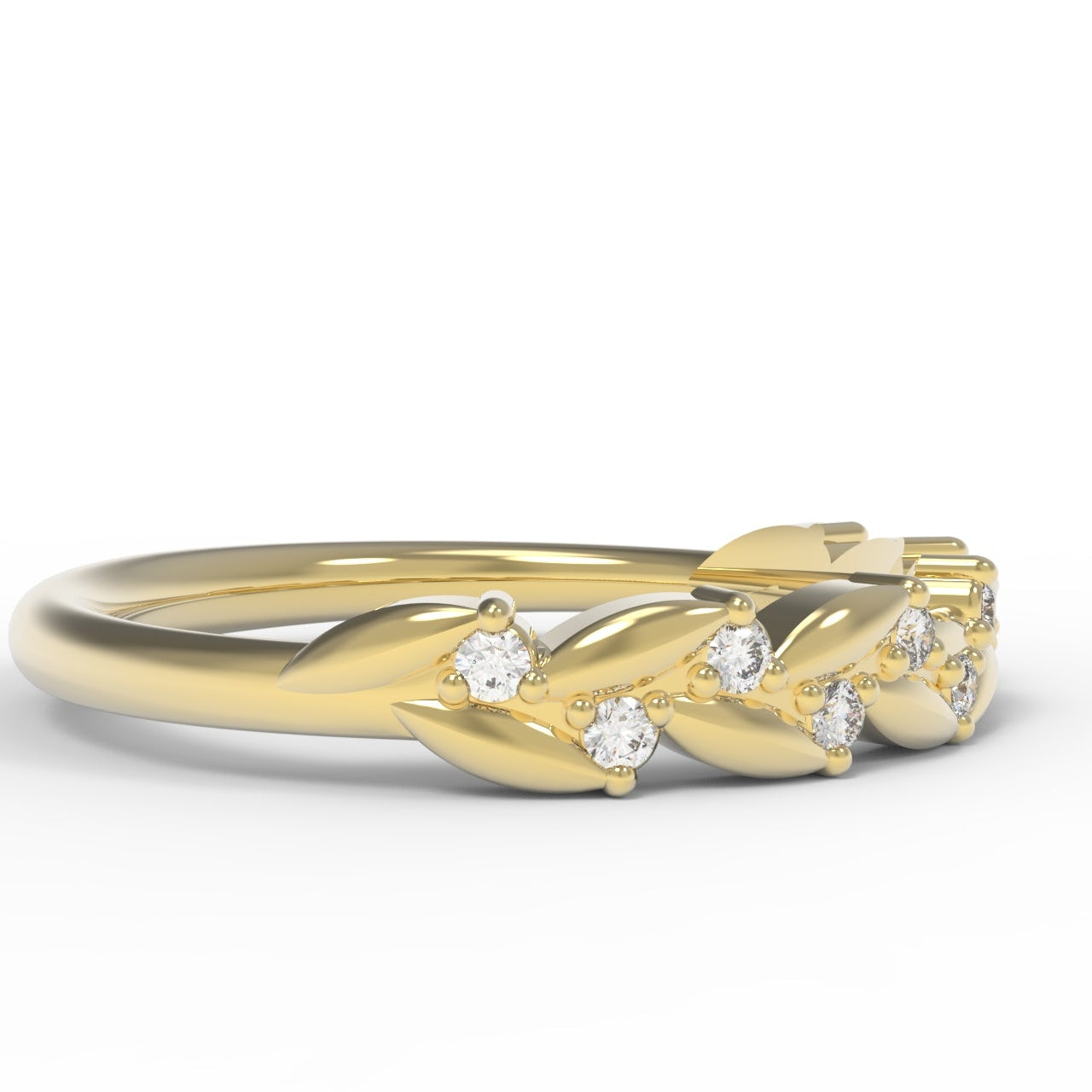 Diamond Half Eternity Band with Leaf Details in 14K Yellow Gold on White Background.