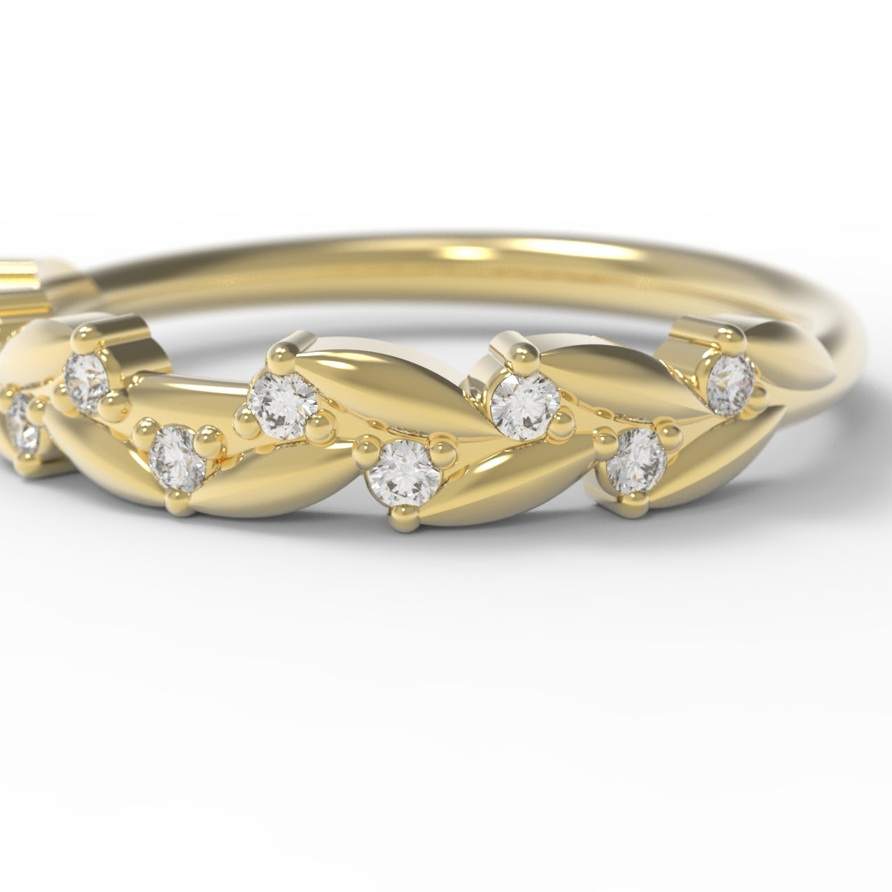 Diamond Half Eternity Band with Leaf Details in 14K Yellow Gold on White Background.