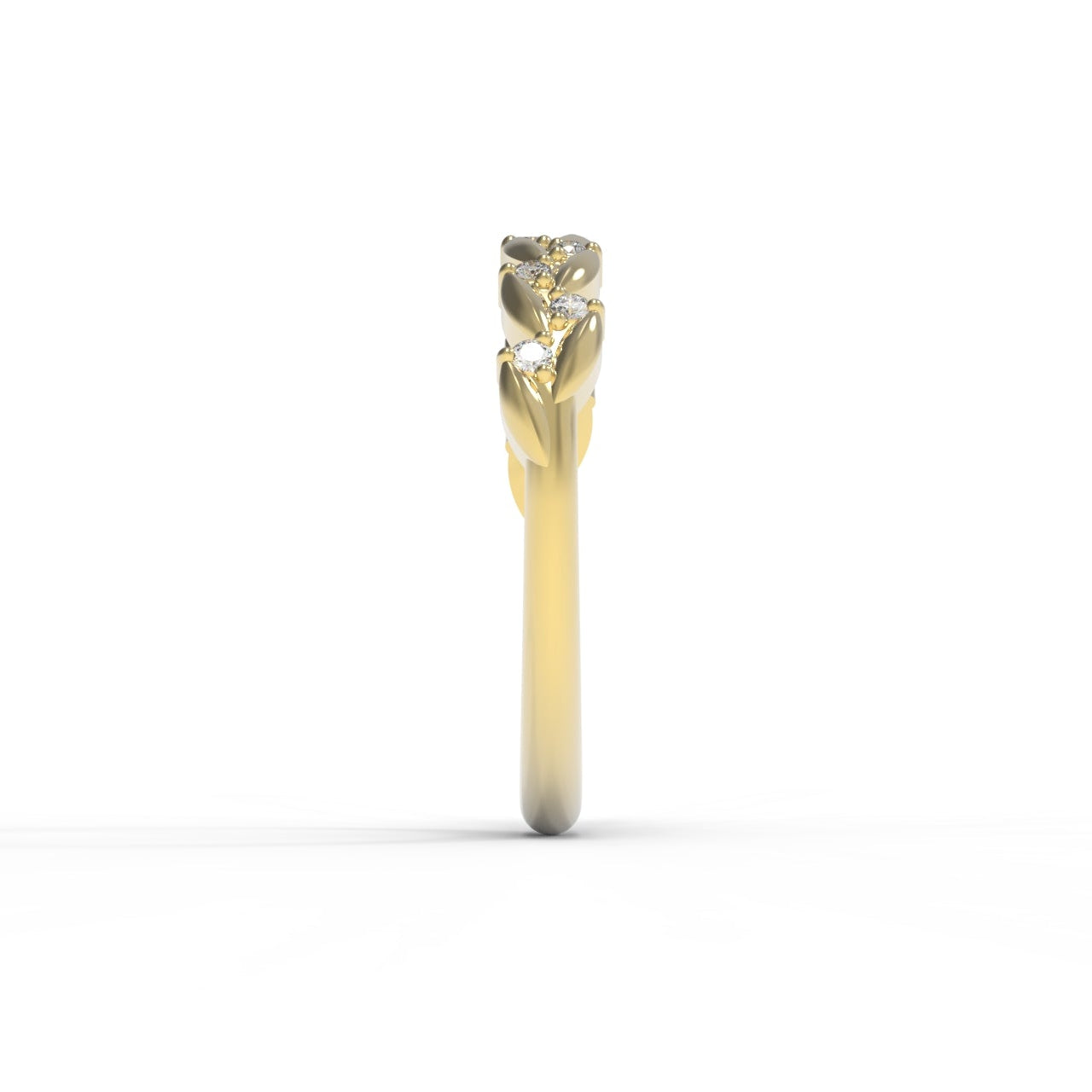 Diamond Half Eternity Band with Leaf Details in 14K Yellow Gold on White Background.