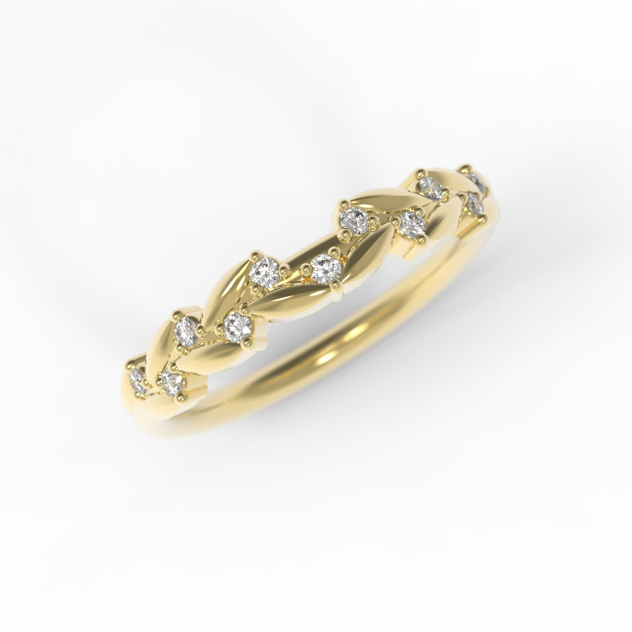 Diamond Half Eternity Band with Leaf Details in 14K Yellow Gold on White Background.