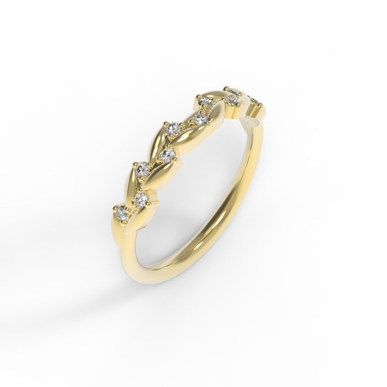 Diamond Half Eternity Band with Leaf Details in 14K Yellow Gold on White Background.