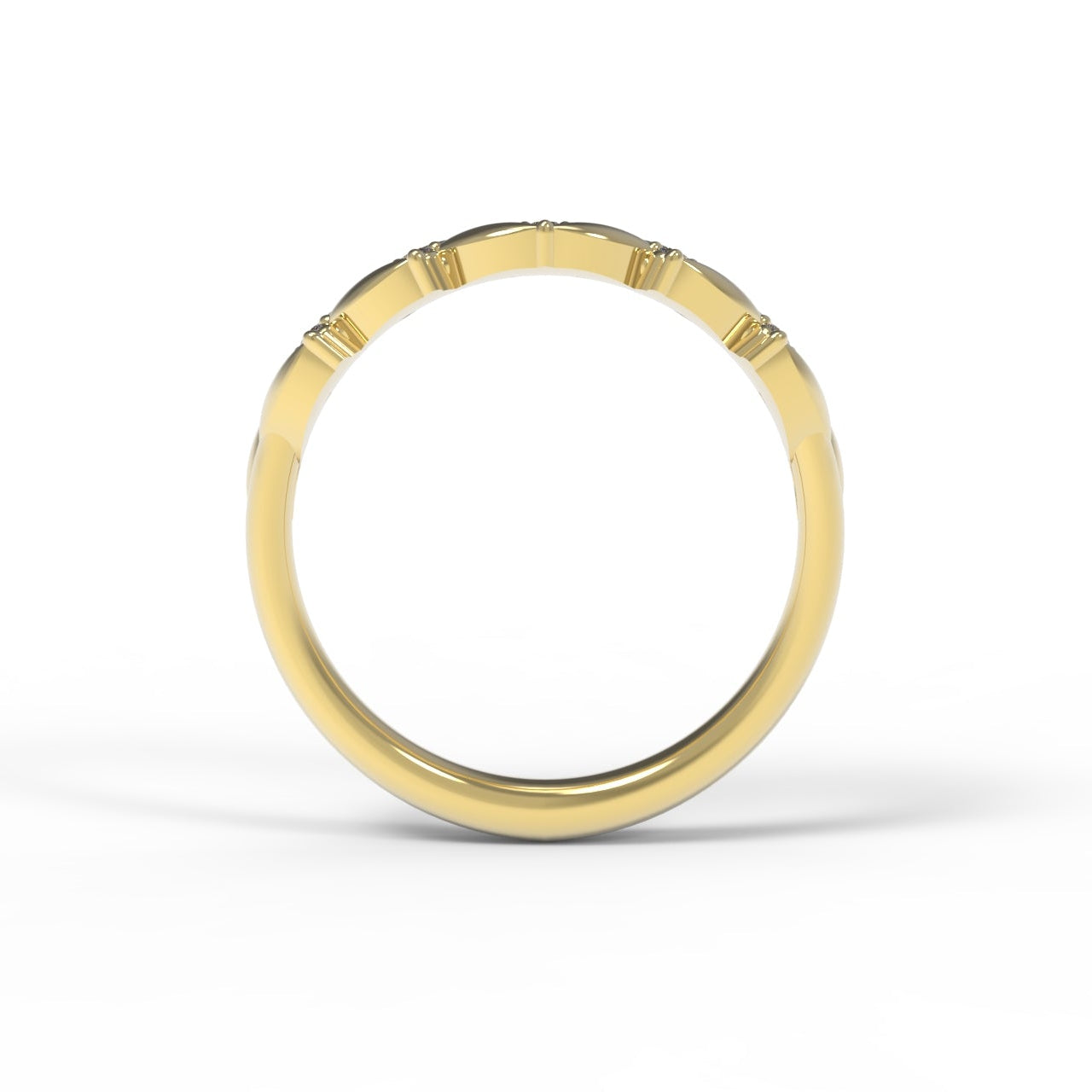 Diamond Half Eternity Band with Leaf Details in 14K Yellow Gold on White Background.