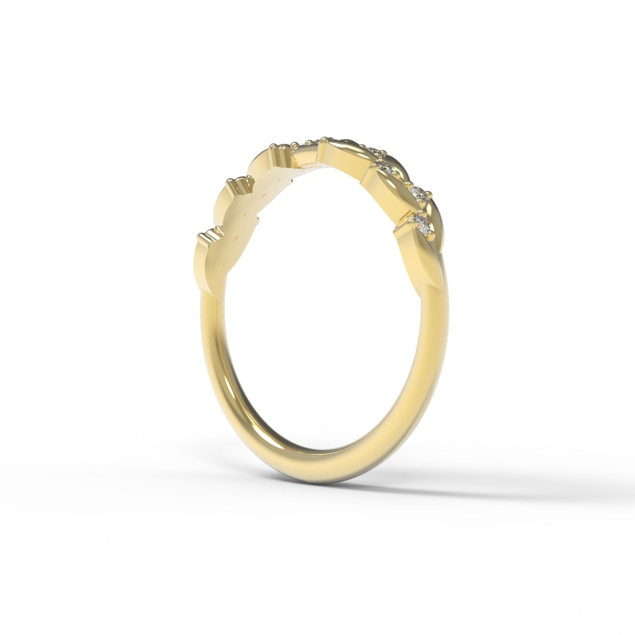 Diamond Half Eternity Band with Leaf Details in 14K Yellow Gold on White Background.