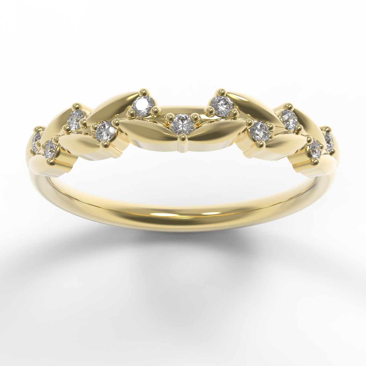 Diamond Half Eternity Band with Leaf Details in 14K Yellow Gold on White Background.