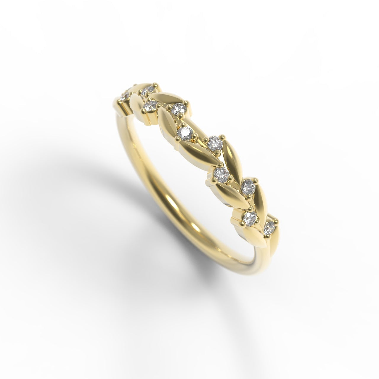 Diamond Half Eternity Band with Leaf Details in 14K Yellow Gold on White Background.