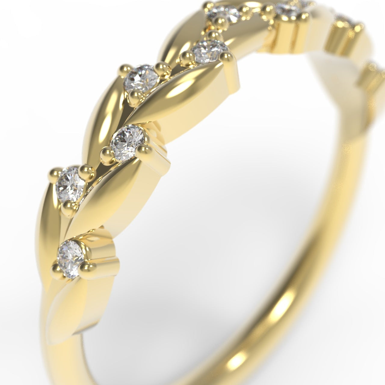 Diamond Half Eternity Band with Leaf Details in 14K Yellow Gold on White Background.