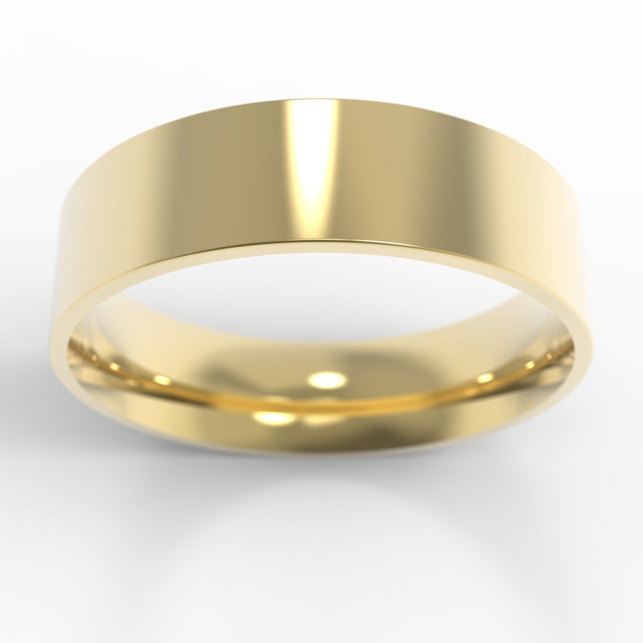 Made in Canada, Canadian Gold, 14KY Yellow Gold, 6mm Wide Flat Wedding Band on white background.