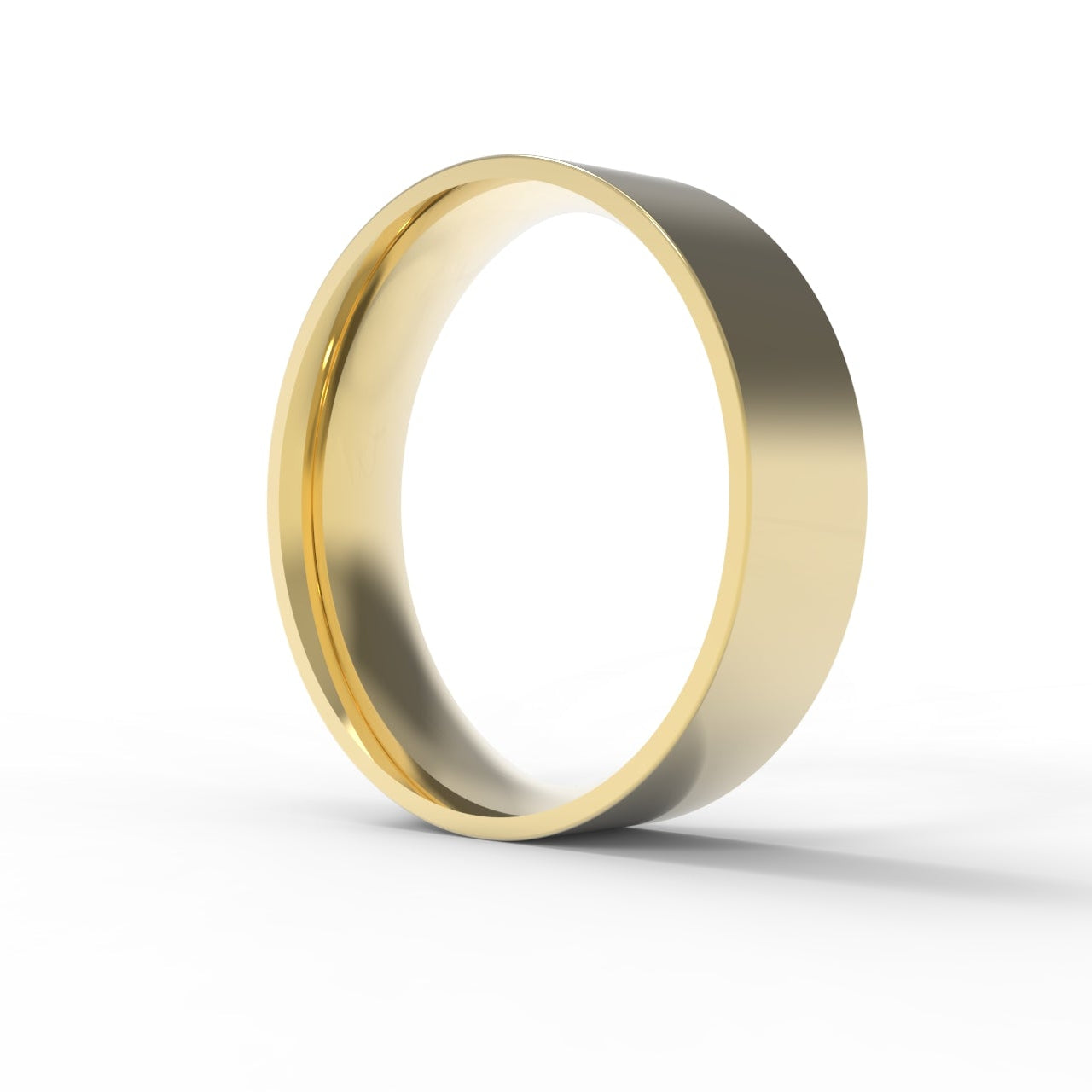 Made in Canada, Canadian Gold, 14KY Yellow Gold, 6mm Wide Flat Wedding Band on white background.