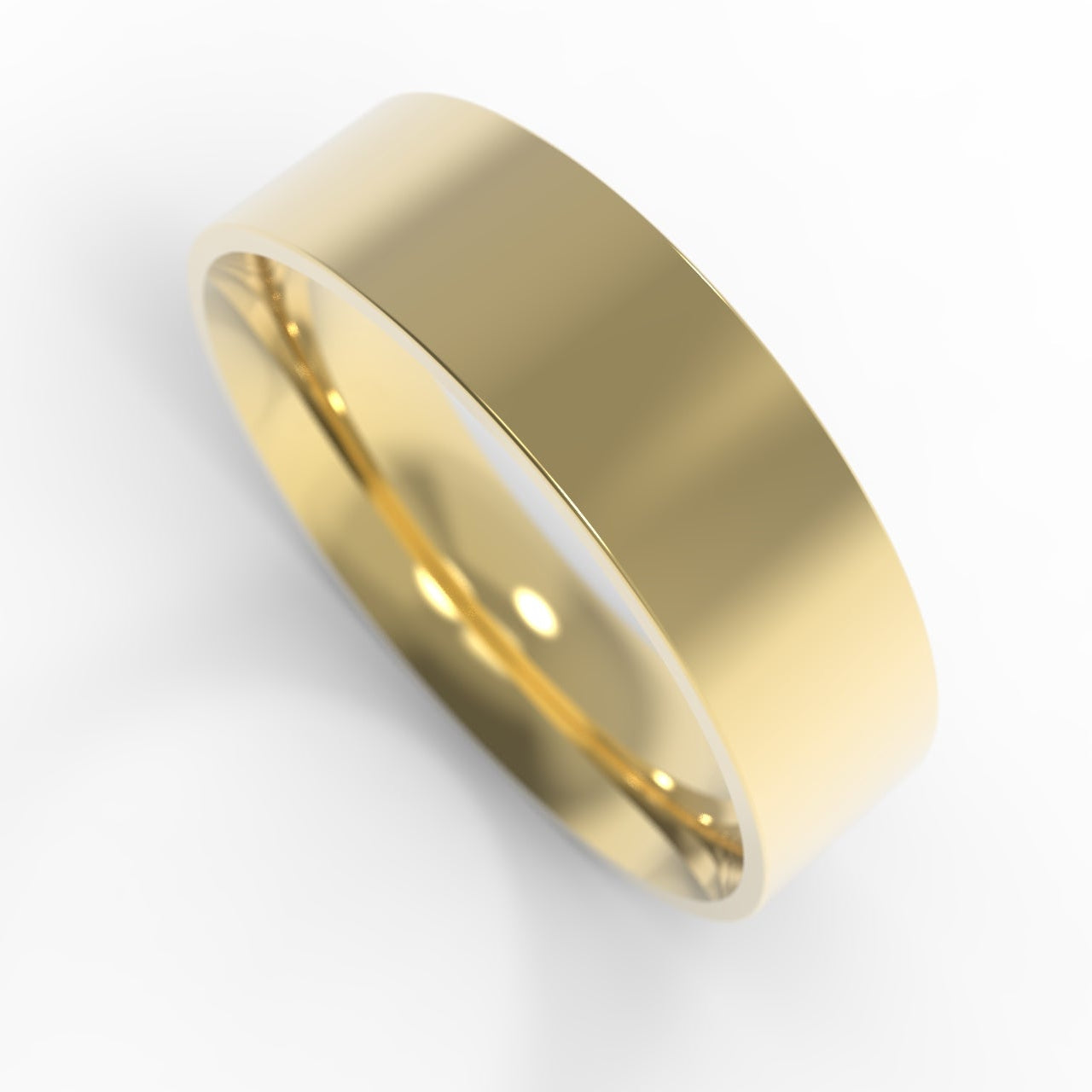 Made in Canada, Canadian Gold, 14KY Yellow Gold, 6mm Wide Flat Wedding Band on white background.