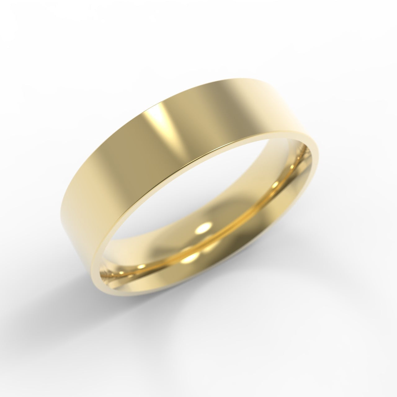 Made in Canada, Canadian Gold, 14KY Yellow Gold, 6mm Wide Flat Wedding Band on white background.