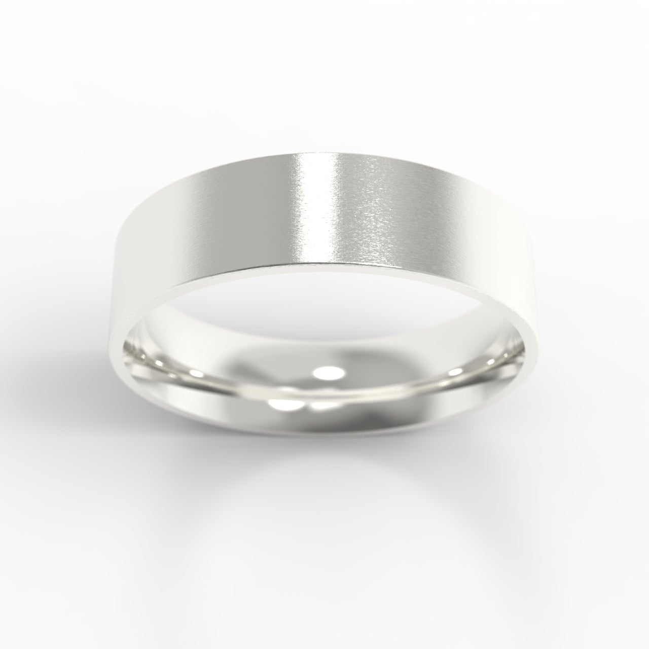 Made in Canada. 14K White Gold Flat Wedding Band on white background.