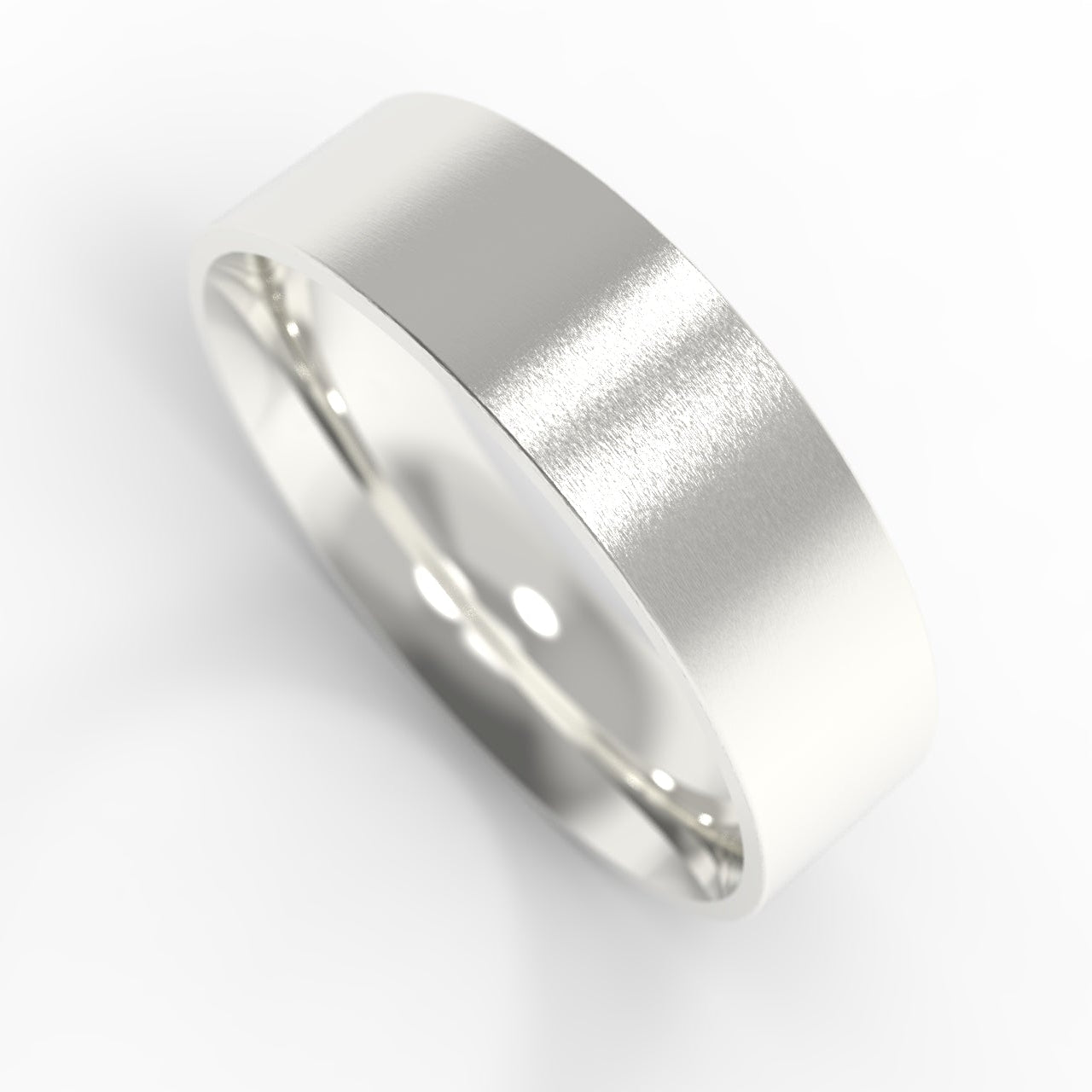 Made in Canada. 14K White Gold Flat Wedding Band on white background