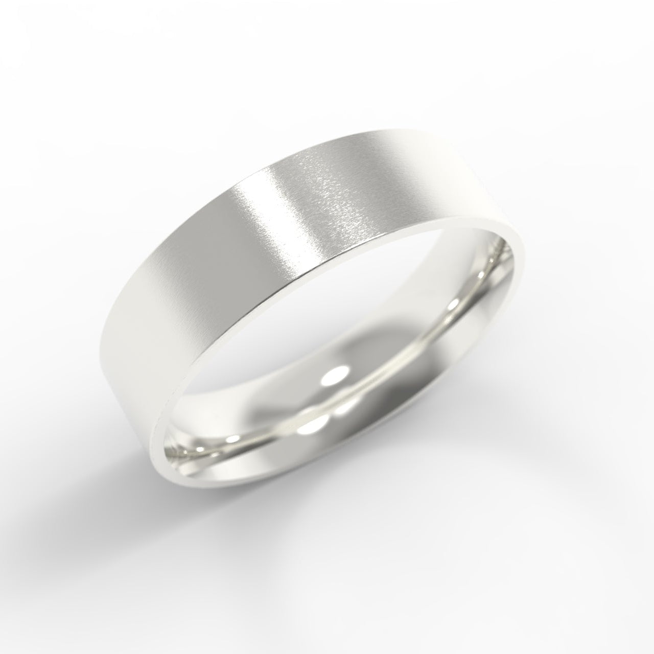 Made in Canada. 14K White Gold Flat Wedding Band on white background
