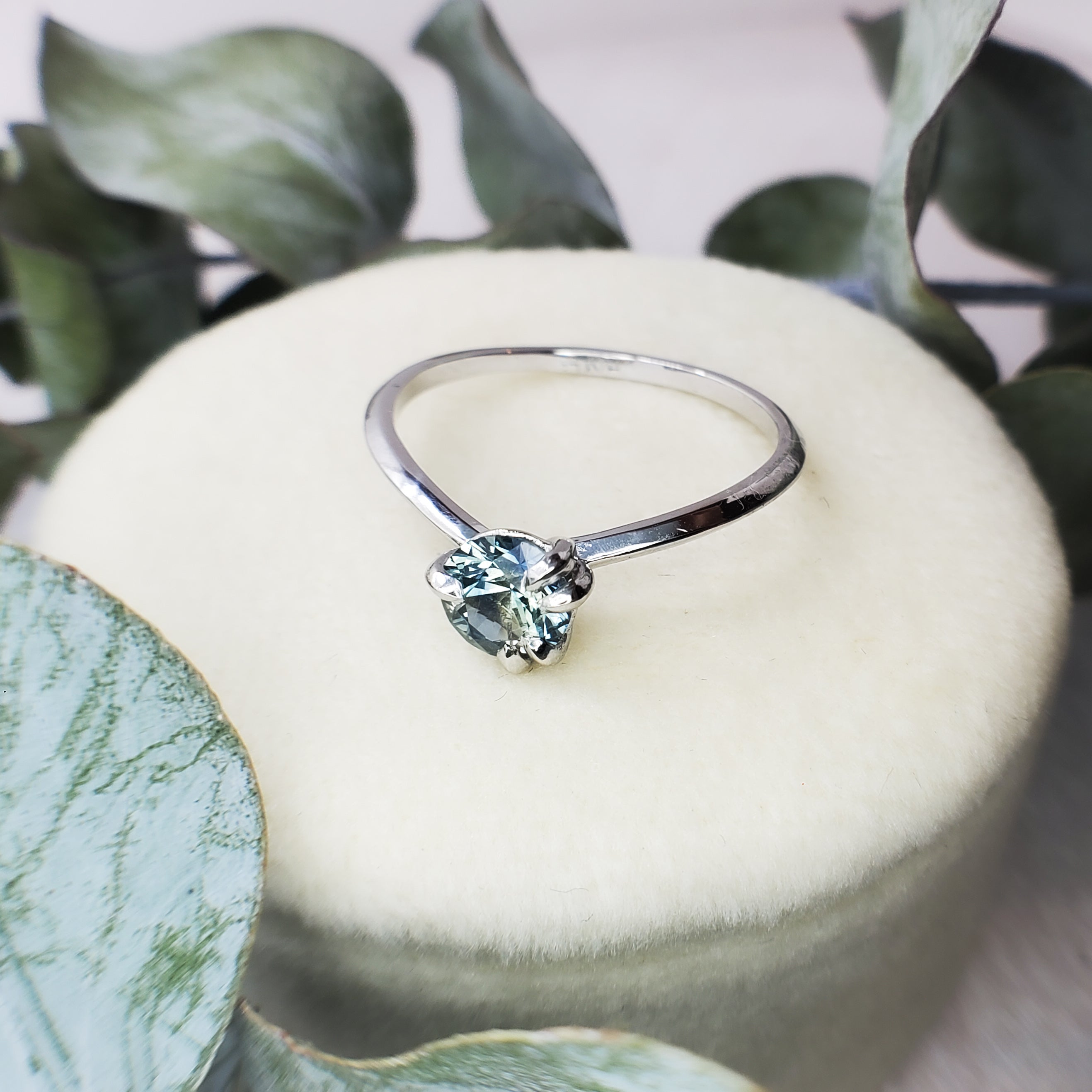 Platinum Ring with Round Teal Sapphire, set with nature inspired leaf prongs.