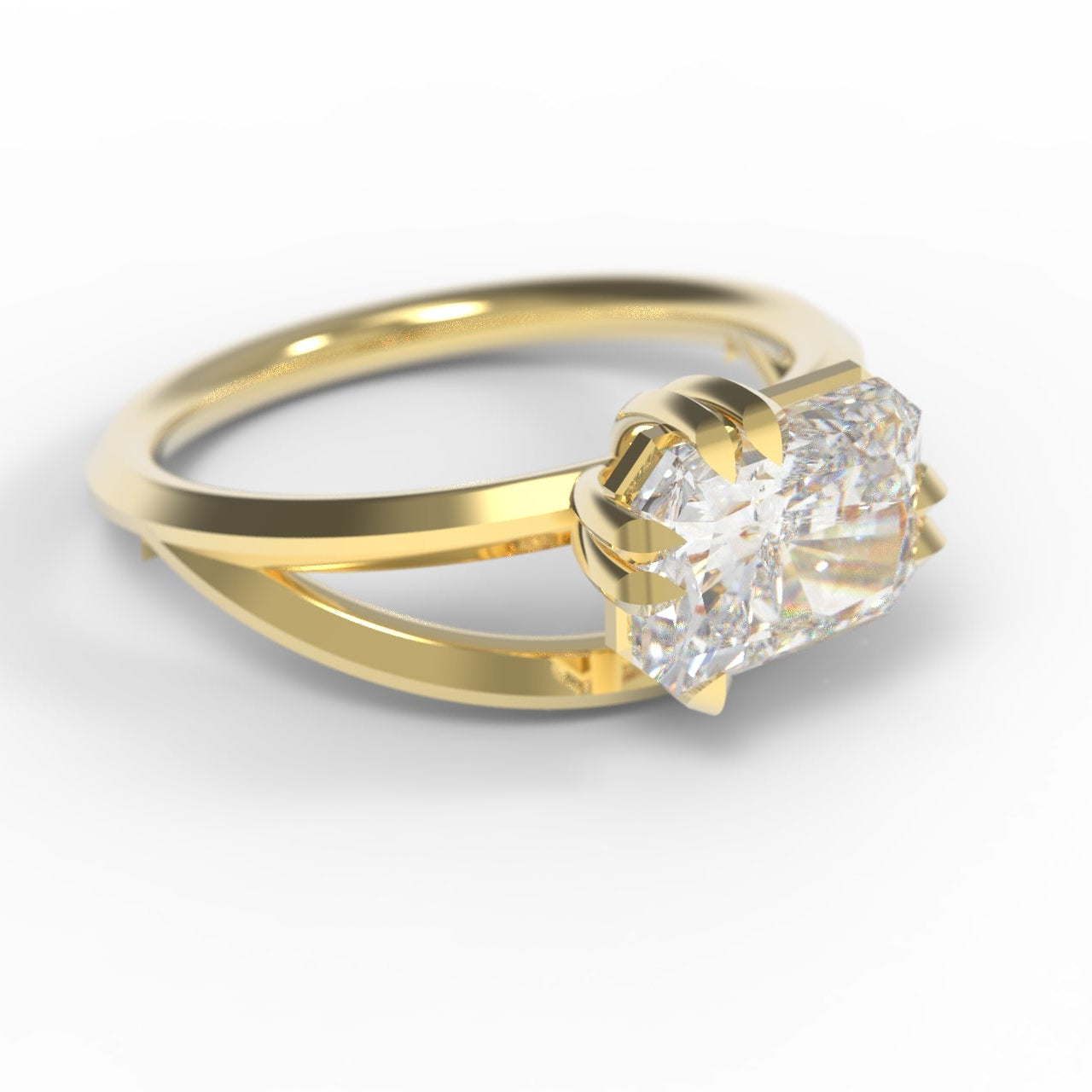 Radiant Cut D iamond Engagement Ring with East-West Setting and Aysmmetrical Leaf Shaped Claws