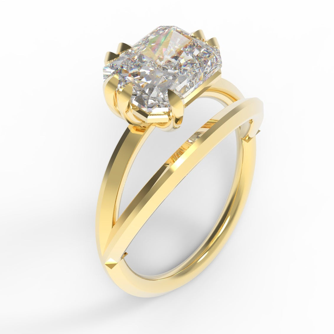 Gold ring with a large diamond on a white background