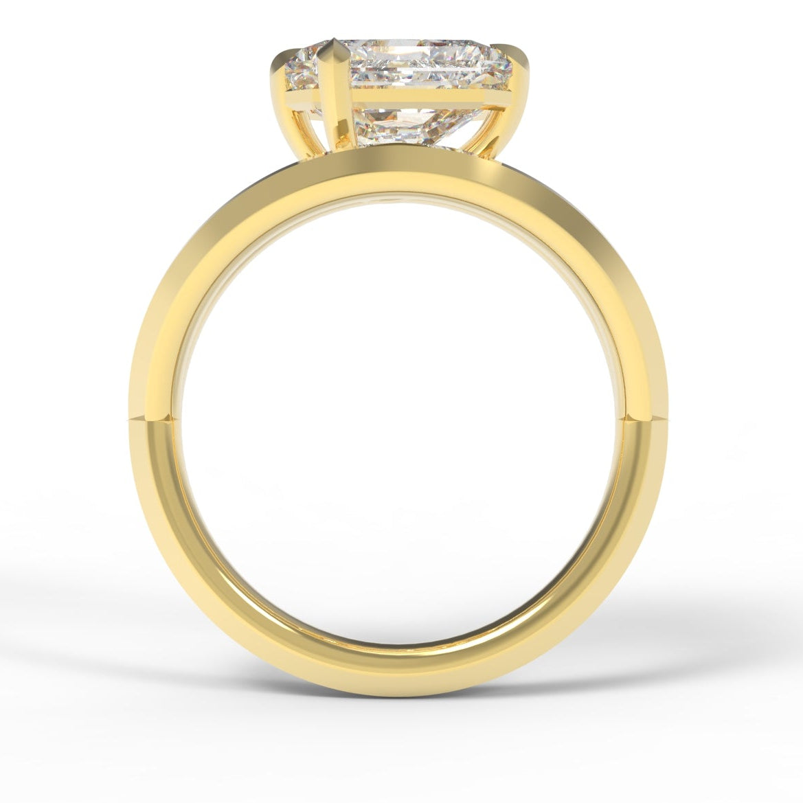 Gold Engagement Ring with East-West Set Radiant Cut diamond on Split Band with Leaf Claw Details