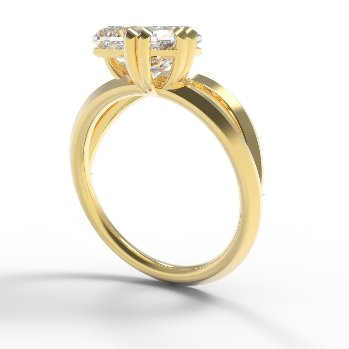 Gold Engagement Ring with East-West Set Radiant Cut diamond on Split Band with Branches for Details