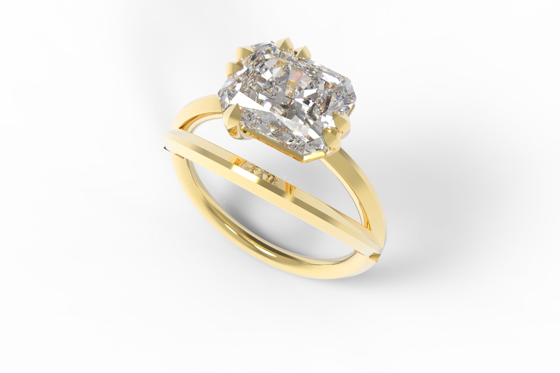 Gold Engagement Ring with East-West Set Radiant Cut diamond on Split Band with Leaf Claw Details