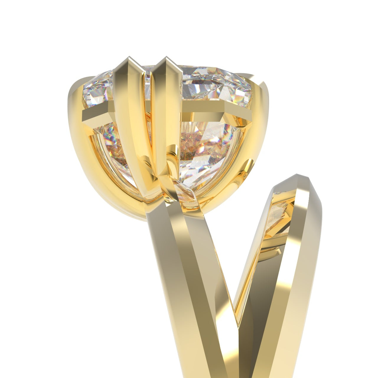 Gold Engagement Ring with East-West Set Radiant Cut diamond on Split Band with Leaf Claw Details