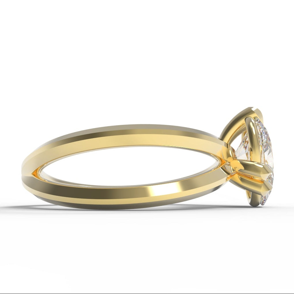 Gold Engagement Ring with 2 carat oval-shaped diamond with leaf setting and branch details.