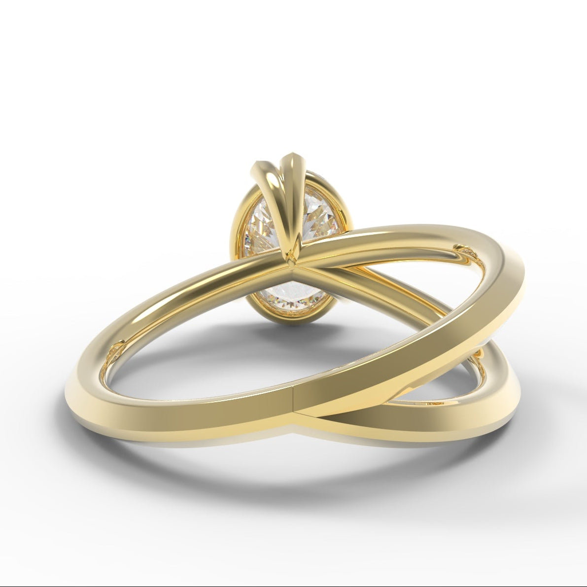 Undermount view of a Gold Engagement Ring with 2 carat large oval diamond, set with leaf claws and branch details.