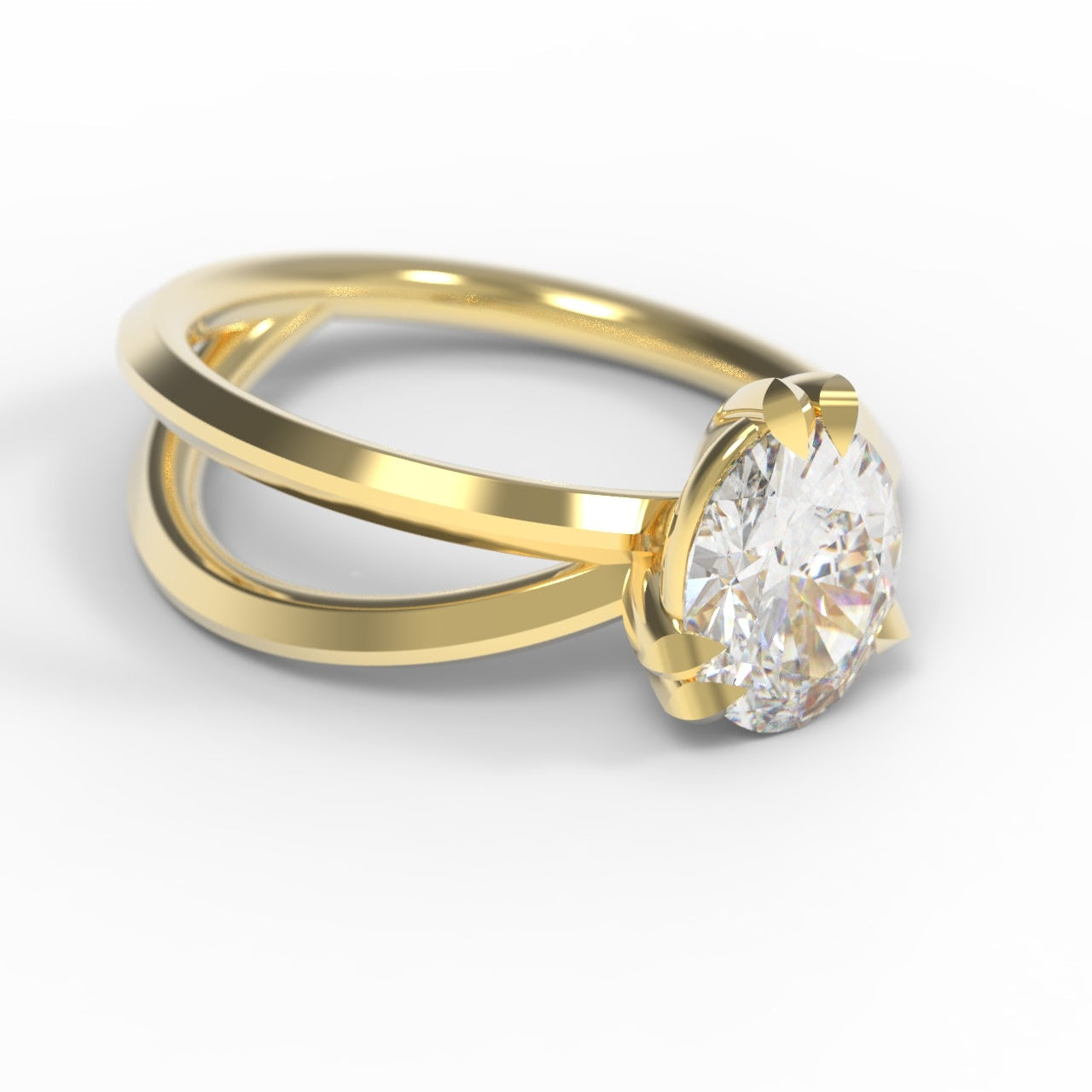 Yellow Gold Engagement Ring with 2 carat large oval diamond, set with leaf claws and branch details.
