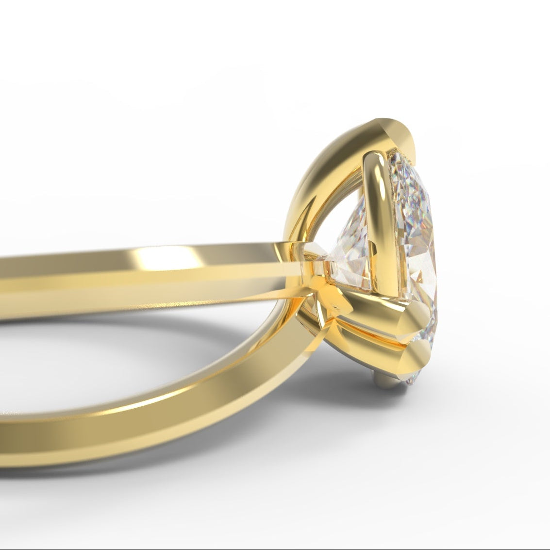 Side view of a Gold Engagement Ring with 2 carat large oval diamond, set with leaf claws and branch details.