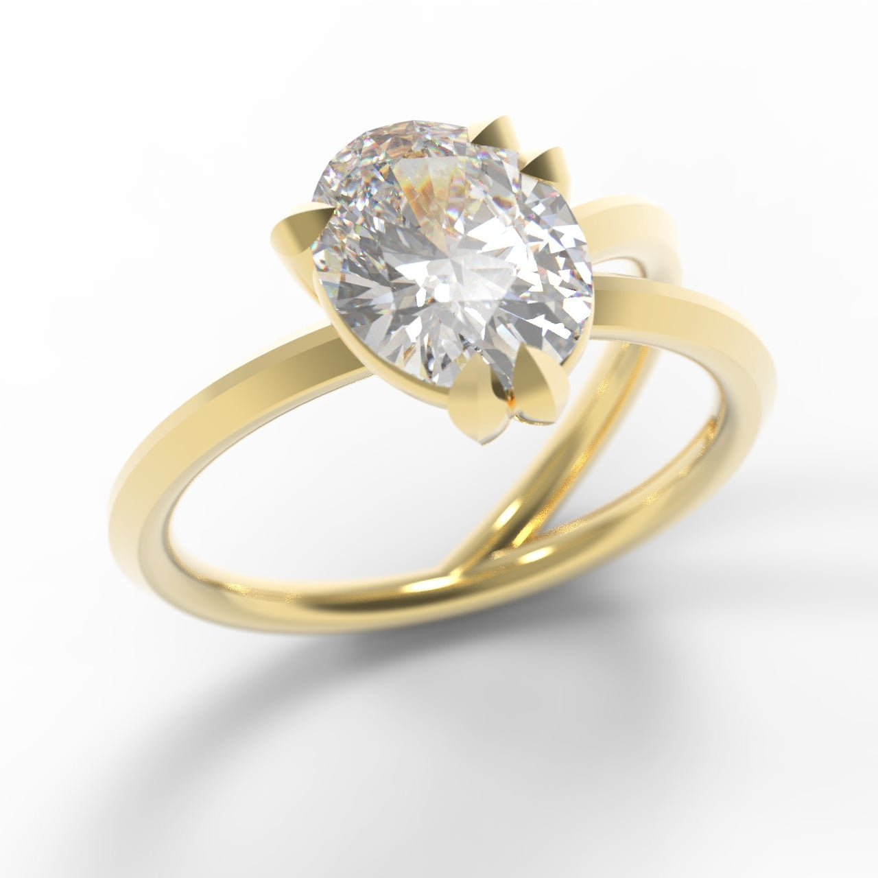 Gold Engagement Ring with 2 carat large oval diamond, set with leaf claws and branch details.